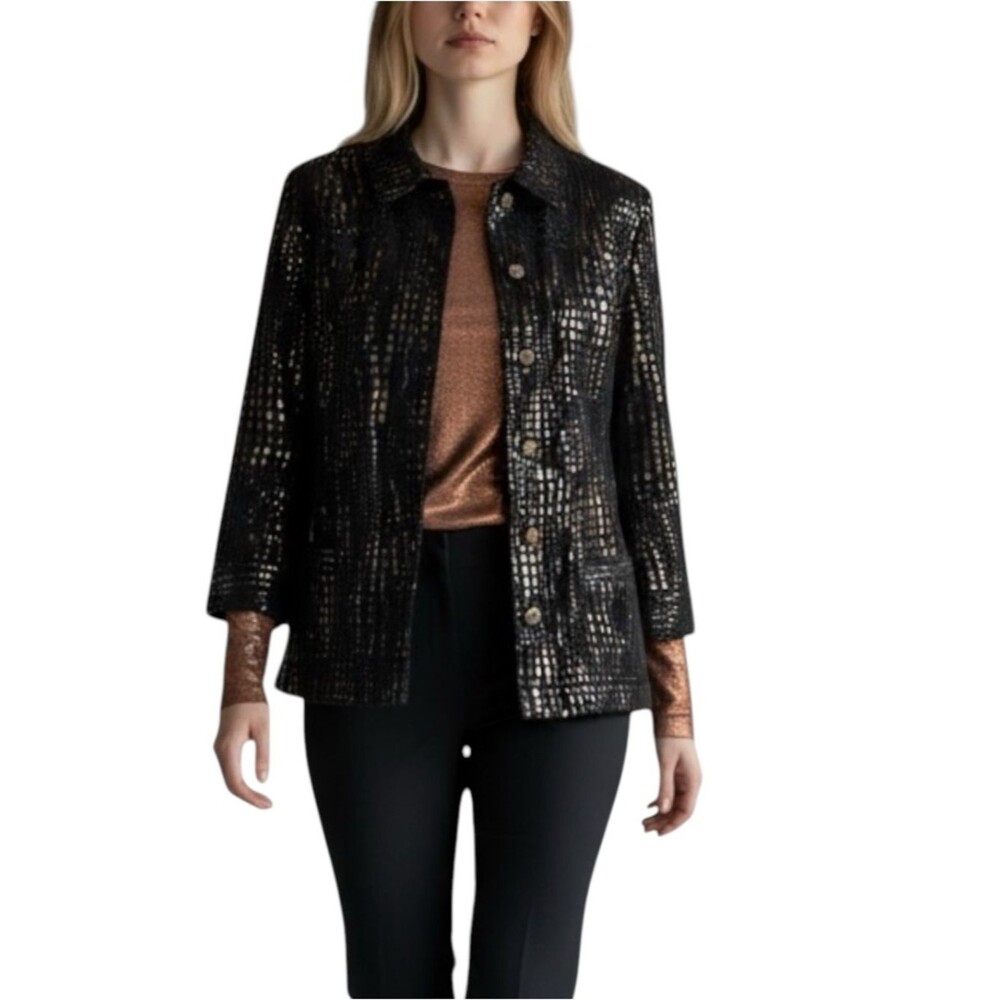 J M Collection Embossed Copper Black Faux Fur Coat Vintage Size 12